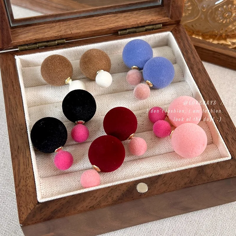 Stud Earrings Velvet Puff Ball Color Block Sweet Cute Lightweight  Autumn Winter Trendy Versatile Daily Jewelry Women