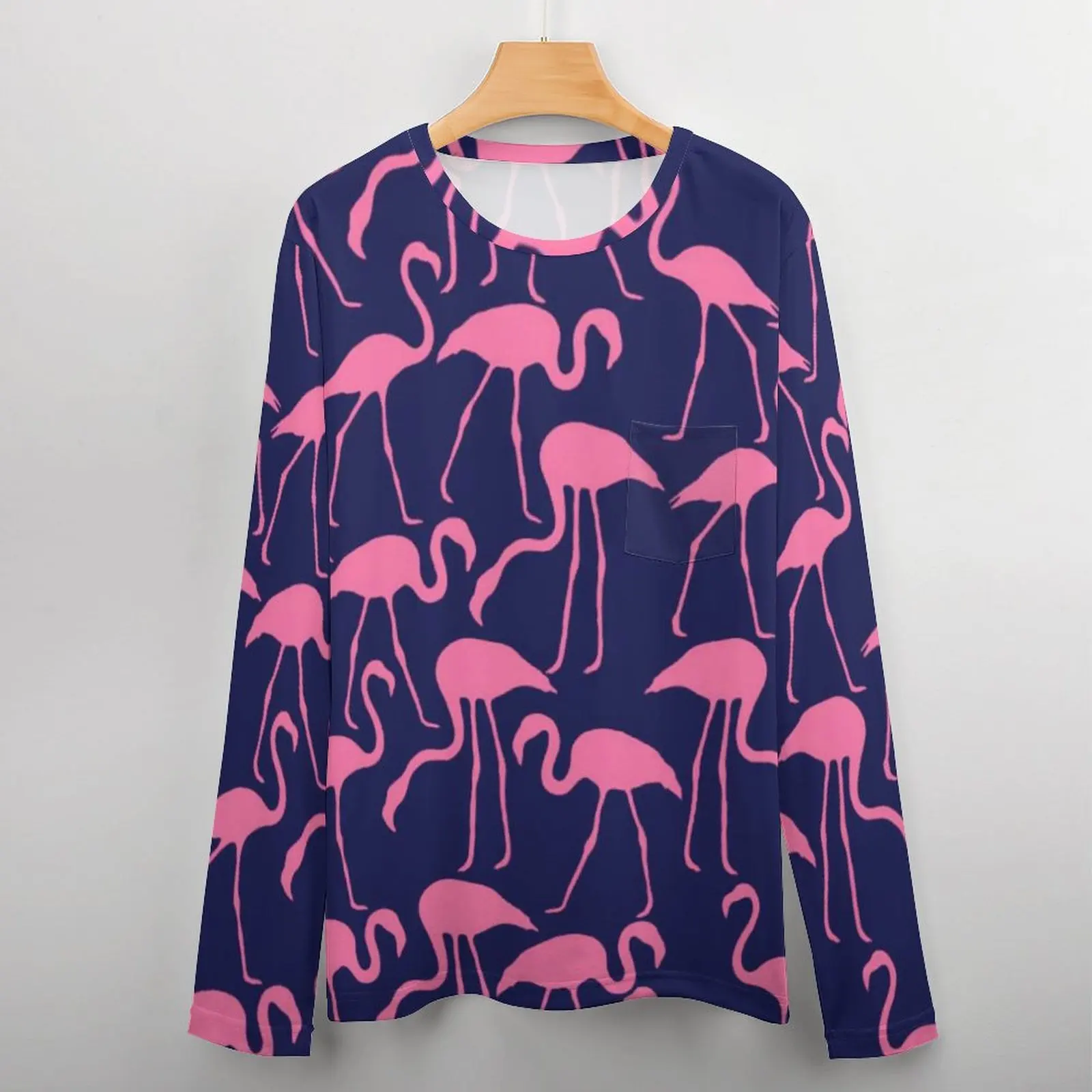 Roze Vogels Print T-shirt Flamingo Patroon Harajuku T-shirts Met Zak Lange Mouw T-shirt Lente Casual Oversize Top Tees