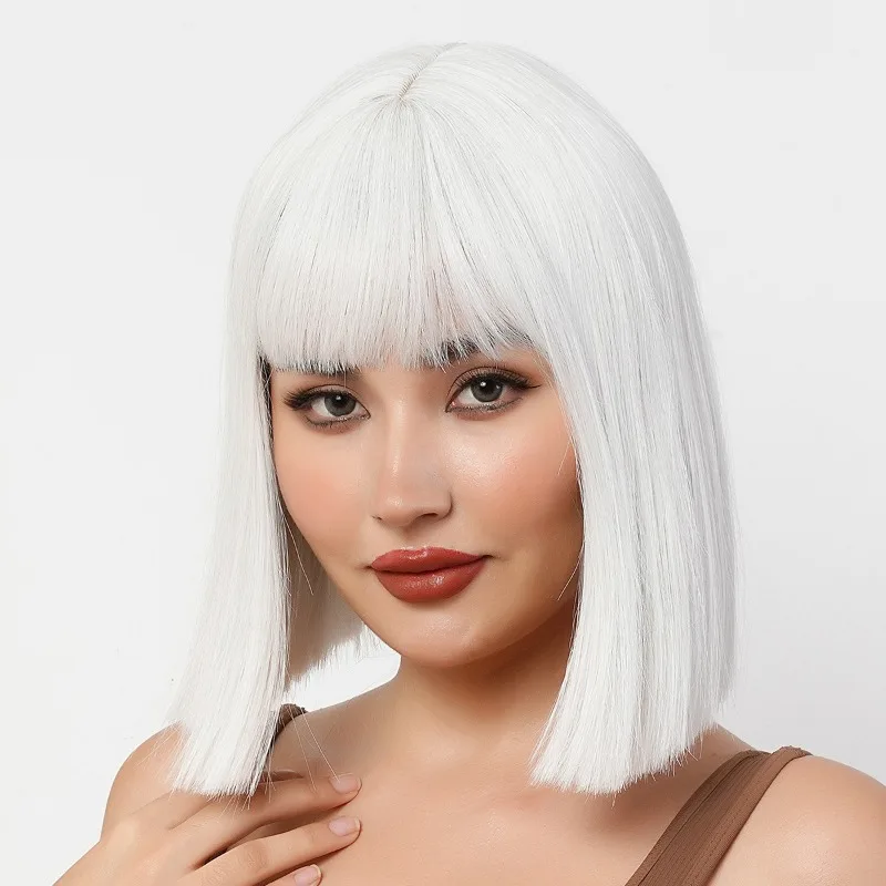 Party Bob Wig Cover Woman Ball Skirt Dress Up Headwear Bangs Short Straight Hair Full Head Cover Stage Role Play Cos Wig