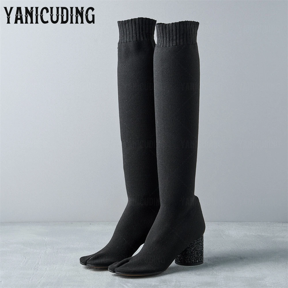 

Woven Knee-High Tabi Boots Glitter-Covered Cylindrical Heel Sock Boots Split Toe White Stitching over the Knee Boots for Women