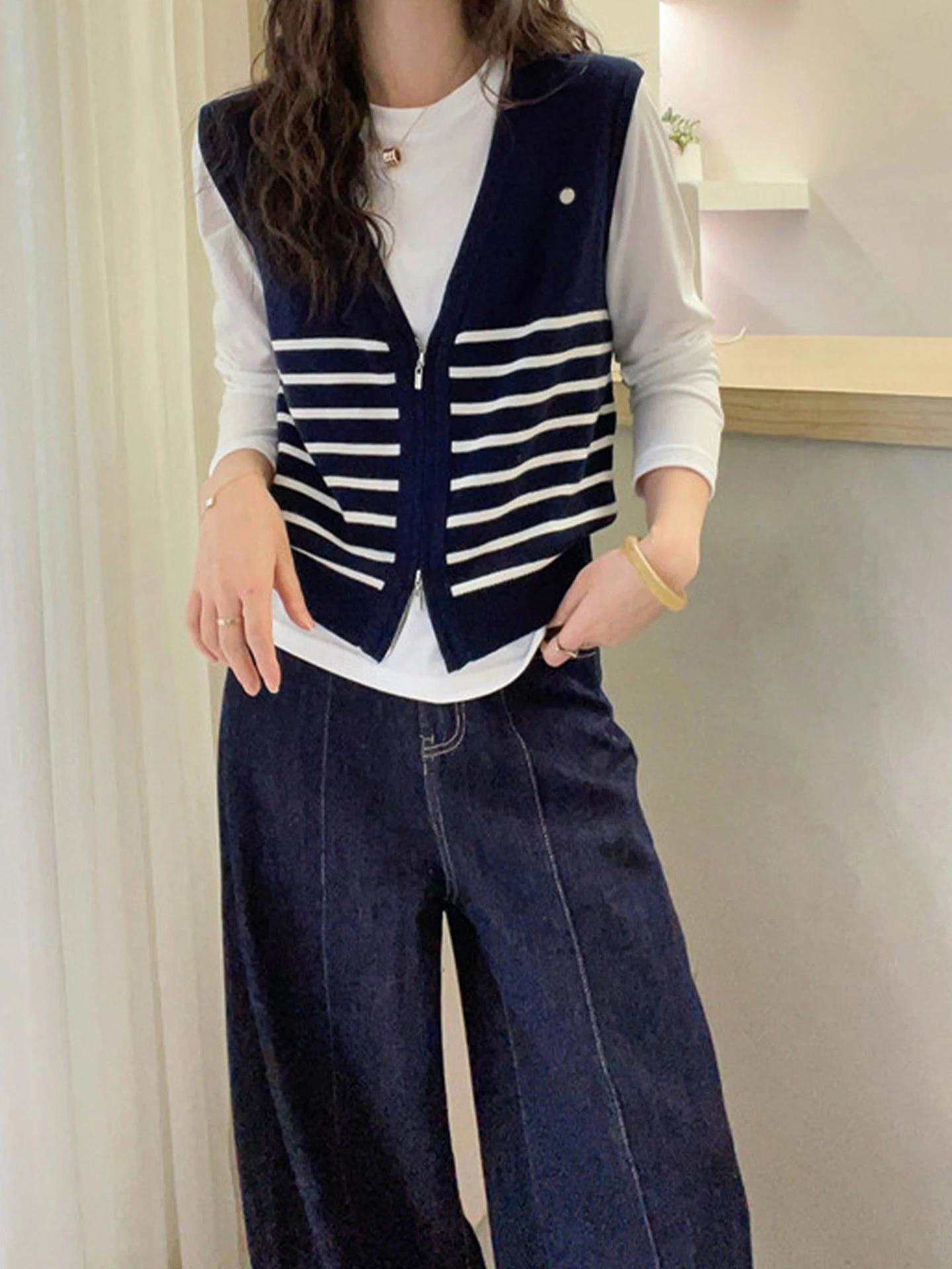 

Вязаный кардиган с двойной молнией и V-образным вырезом, женский многослойный топ Faion, роскошный корейский жилет в Корейском стиле, осень 2025 г.