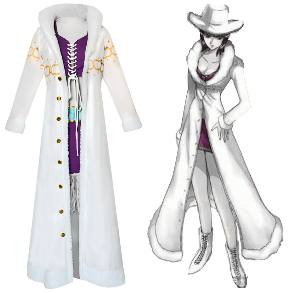 Nico Robin Cosplay Costume Anime One Piece Purple Dress Uniform Long Fur Collar White Cloak Punk Outfit Halloween for Adult