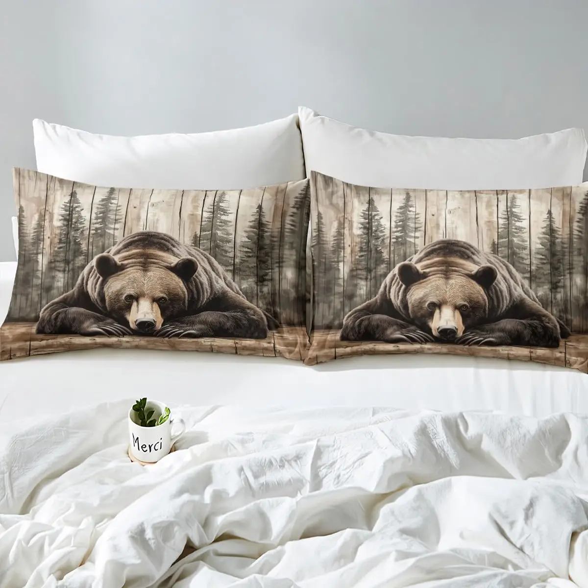 ชุดเครื่องนอนคิงกริซลี่แบร์ - สไตล์บ้านไร่แบบชนบท ลายพิมพ์สัตว์ป่าในป่าสไตล์วินเทจ