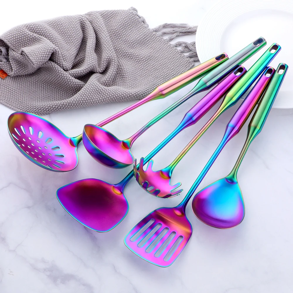 1-10PCS Rainbow Stainless Steel Cooking Kitchen Utensils Set Soup Spoon Turner Spaghetti Server Food-grade Cookware Tools