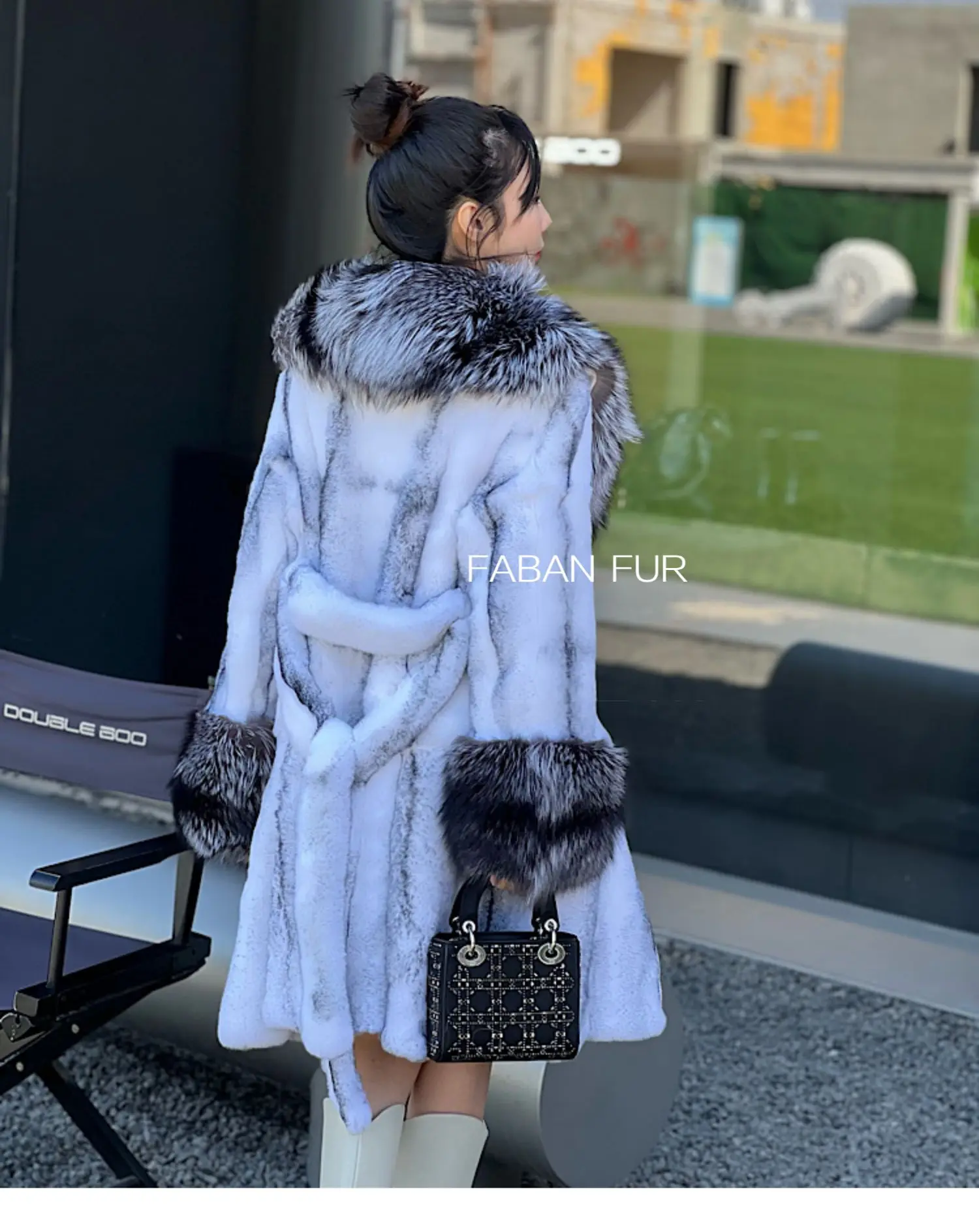 FURYOUME Long Natural Rabbit Fur Coat for Women Large Real Silver Fox Fur Collar Sleeve Cuffs Fashion Streetwear Winter