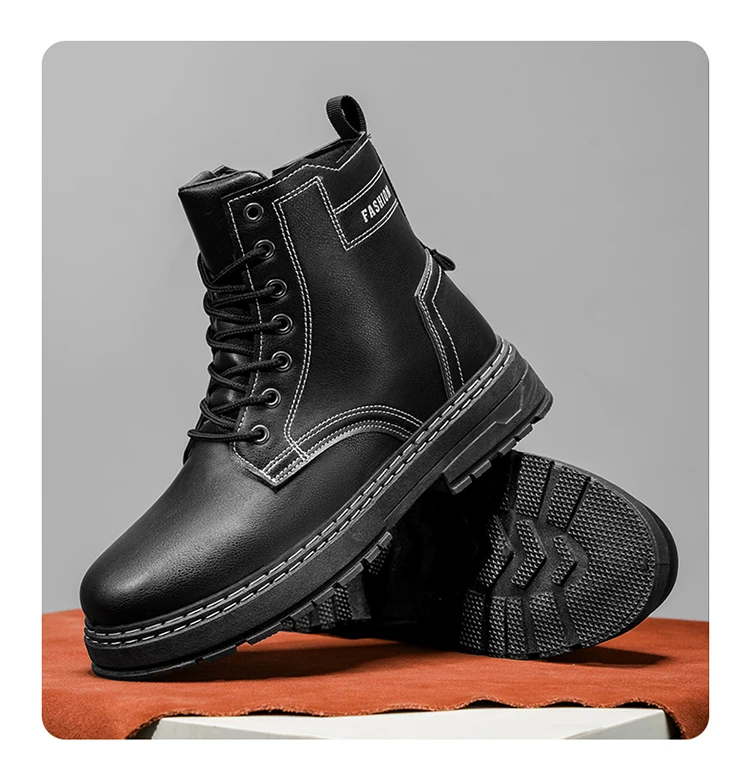 Herren Allround-Chunky-Plateaustiefel, Langlebige Leder-Streetwear-Arbeitsschuhe – Detail 8