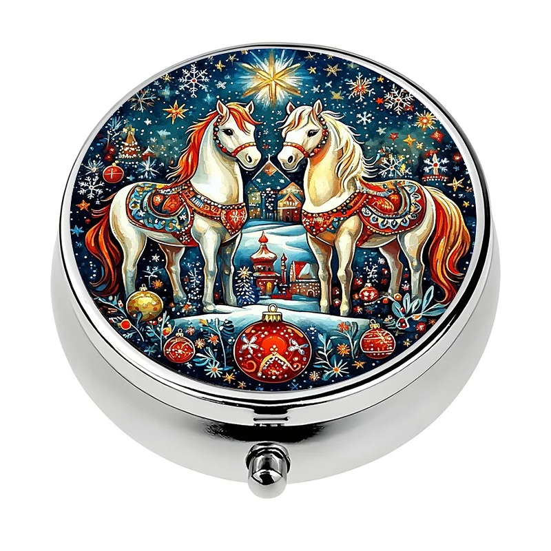 1 mini pill box with 3 compartments, Christmas horse pattern - portable pill box, suitable for handbags, unique gift, ideal for organizing vitamins and medicines, perfect for travel and storing vitamins