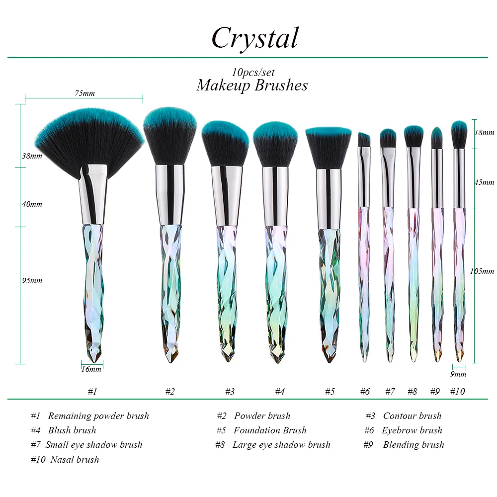 KOSMETYKI 10PCS Crystal Makeup Brushes Set Loose Powder Blush Contouring Foundation Eye Shadow Concealer Beauty Tools Full Set