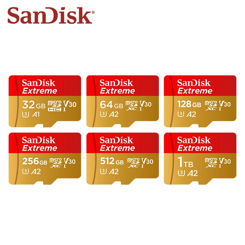 SanDisk MicroSD Memory Card Extreme V30 A2 TF Card 64GB 128GB 256GB 512GB 1TB 2TB Micro SD Flash Card for Drones Dashcam A1 32GB