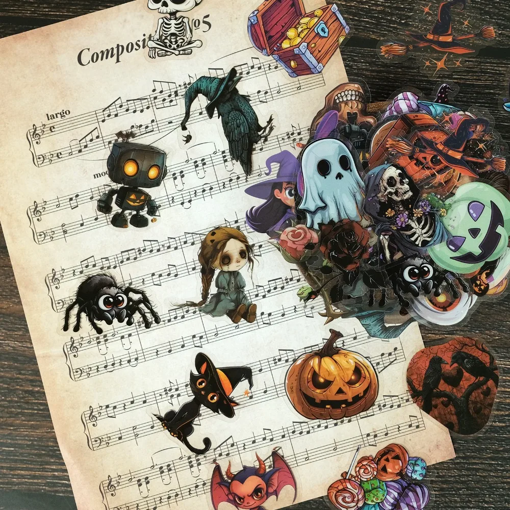 50 Halloween PET Stickers for Holiday Decoration, Horror Waterproof Pumpkin Skull Eyes DIY Decorative Stickers for Kids Toys