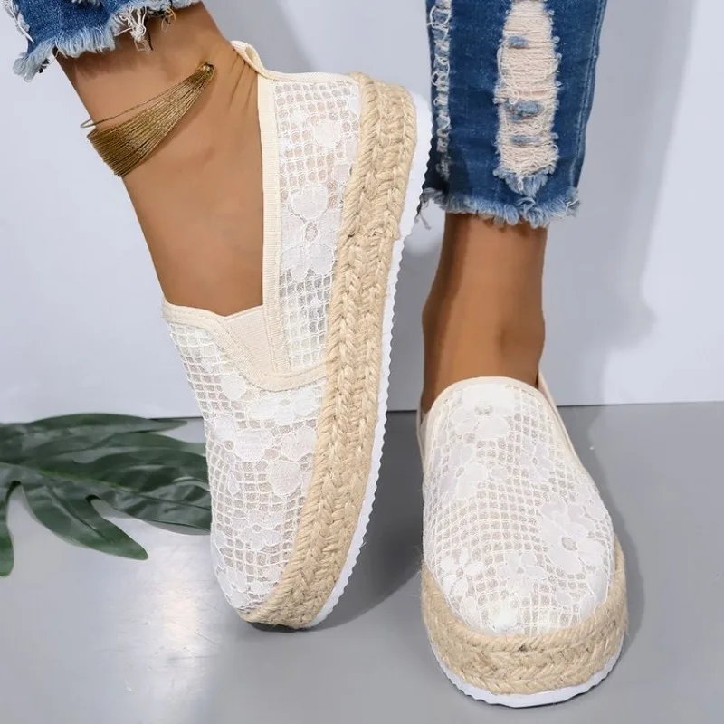 Flax Oriental retro breathable Loafers Faux pearls  detail espadrille flats Simple mesh canvas women shoes