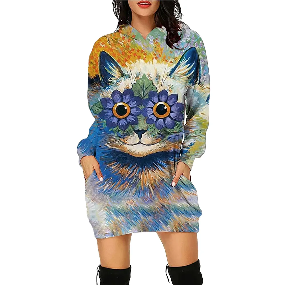 Pet Curtoon Cat Printed Hoodie Dress Women\'s Top Workout Sweatshirt Long Sleeve Pullover Autumn Winter Loose Tee Traf Vestidos