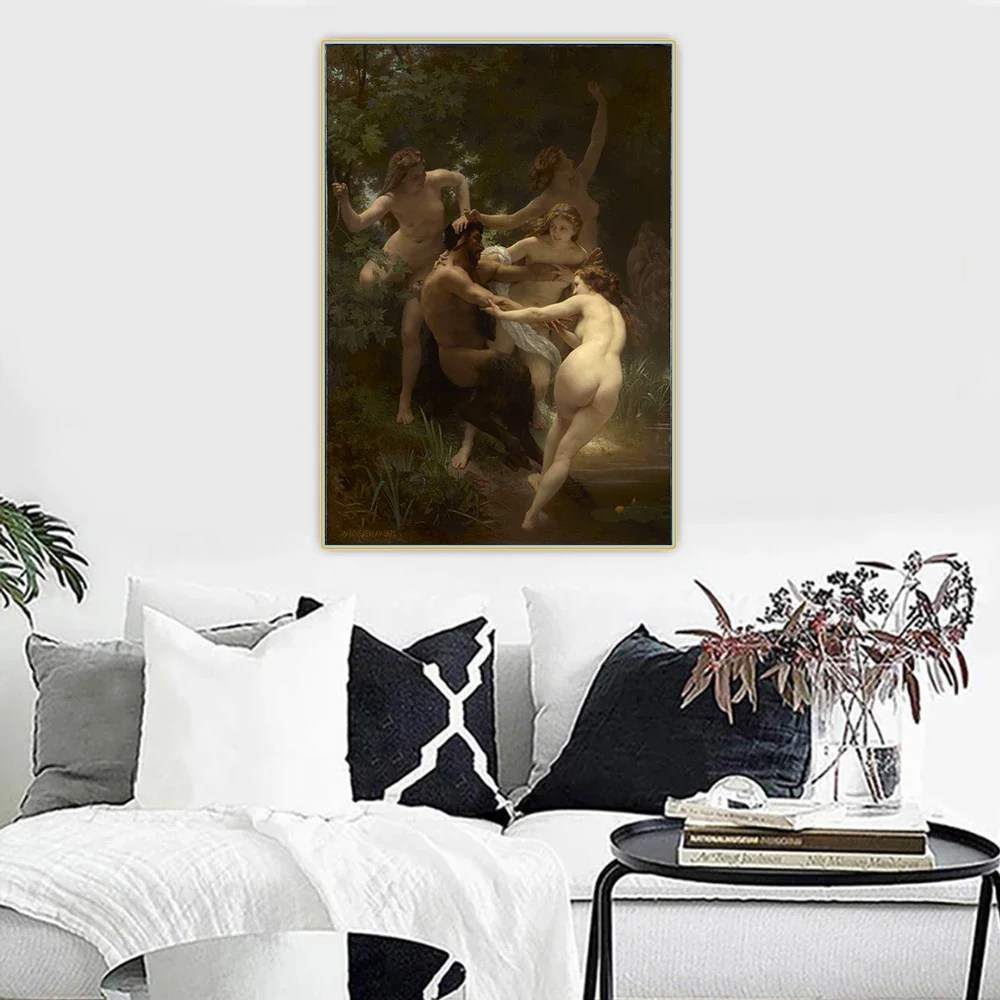 Citon William Adolphe Bouguereau《Nymphs and Satyr》Canvas Oil Painting Artwork Poster Picture Wall Decor Home interior Decoration