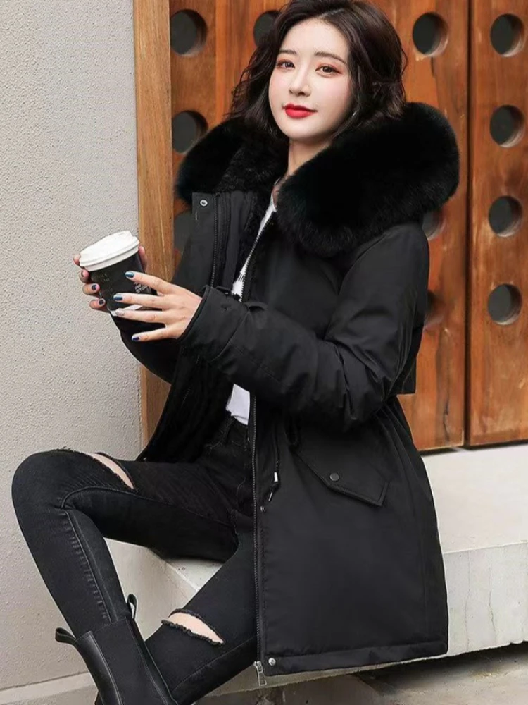 

Women's Korean Parka Coat 2025 Winter Thickened Jacket Windproof Slimming Fitted Waist for Outdoor Activities