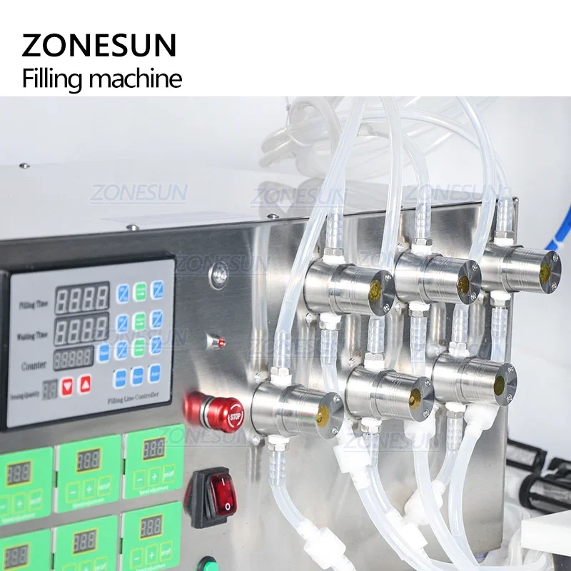 ZONESUN กึ่งอัตโนมัติหัวฉีดหกหัวฉีดของเหลวแม่เหล็กปั๊มน้ำนมน้ำมันน้ำหอมเครื่องบรรจุน้ำ ZS-MP5500D