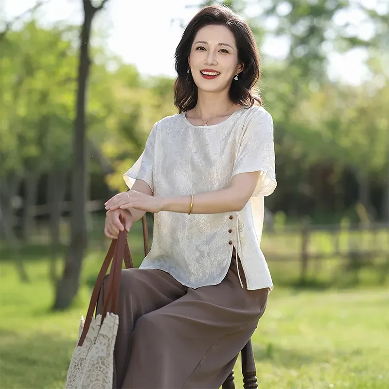 

Mom's New Summer Fashionable Tops for Middle-aged and Elderly Women Chinese Style Loose Round Neck Two-piece Set