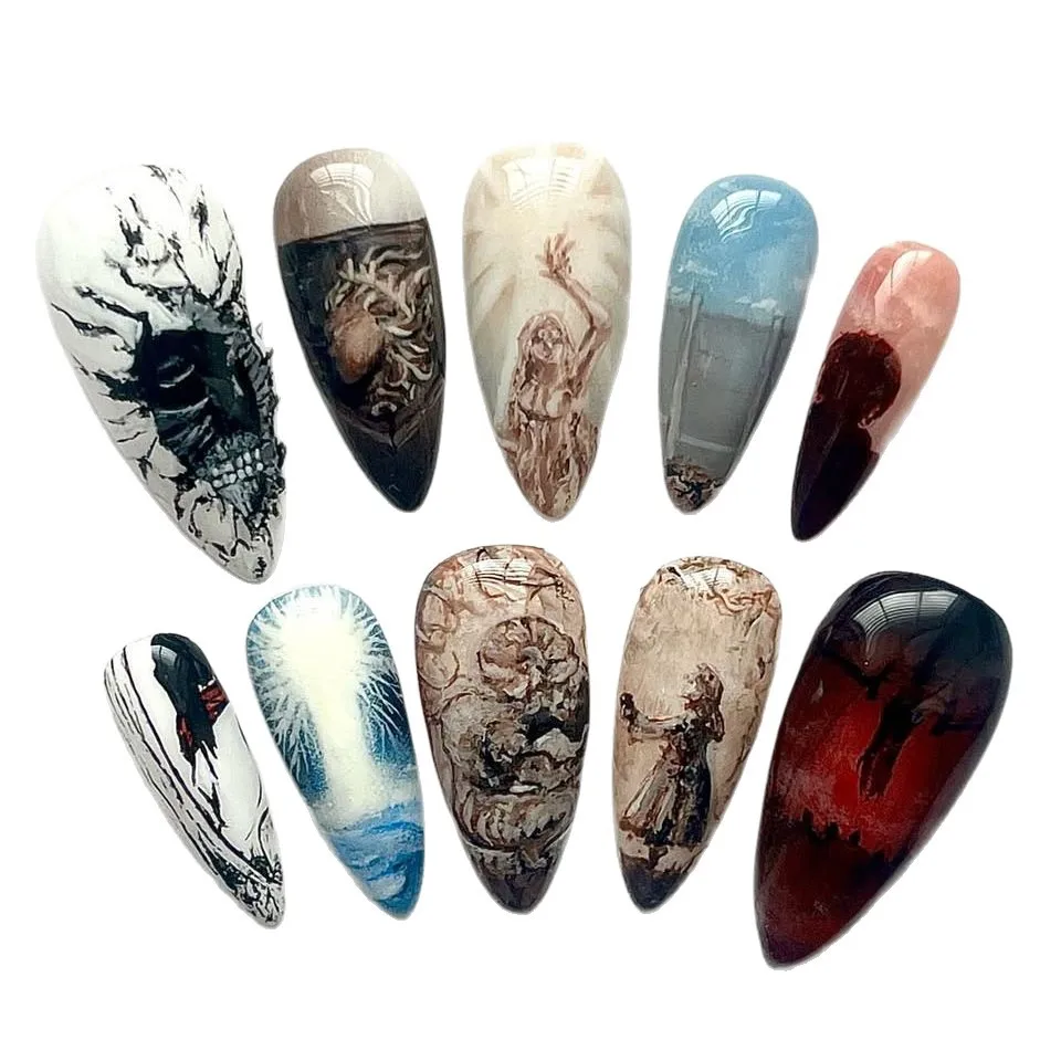 10 Stück künstliche Nägel im französischen Stil mit Mandeln, Hell's Angels, dunkles Halloween-Thema, zum Aufdrücken der Nägel, vollständige Abdeckung, Party, tragbarer falscher Nagel