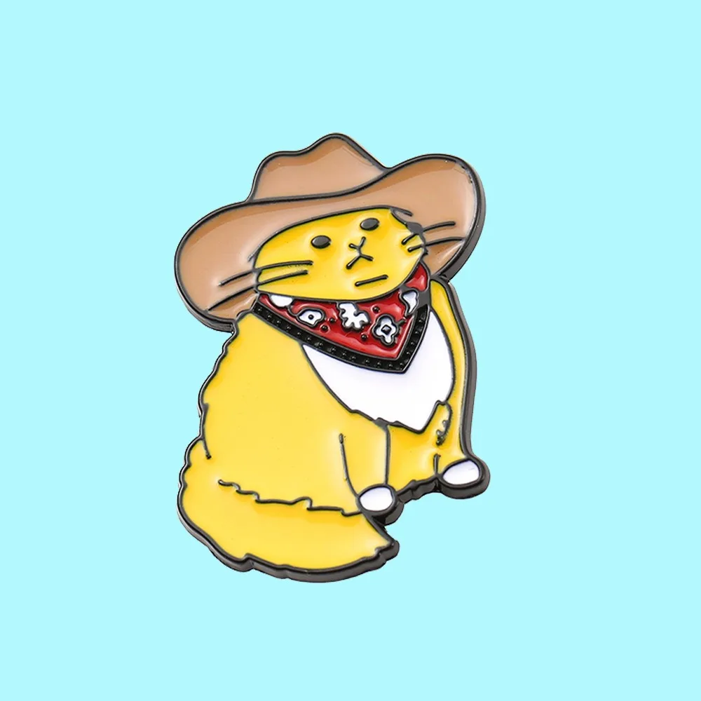 Śliczne Kawaii kowbojskie koty emaliowane szpilki Cartoon metalowe przypinki na klapę kotek biżuteria dla zwierząt przyjaciele dla dzieci