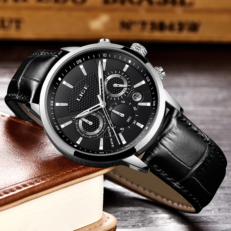 LIGE Brand Luxury Waterproof Watch For Men Fashion Business Men Watch Leather Military Sports Chronograph Quartz Wristwatches