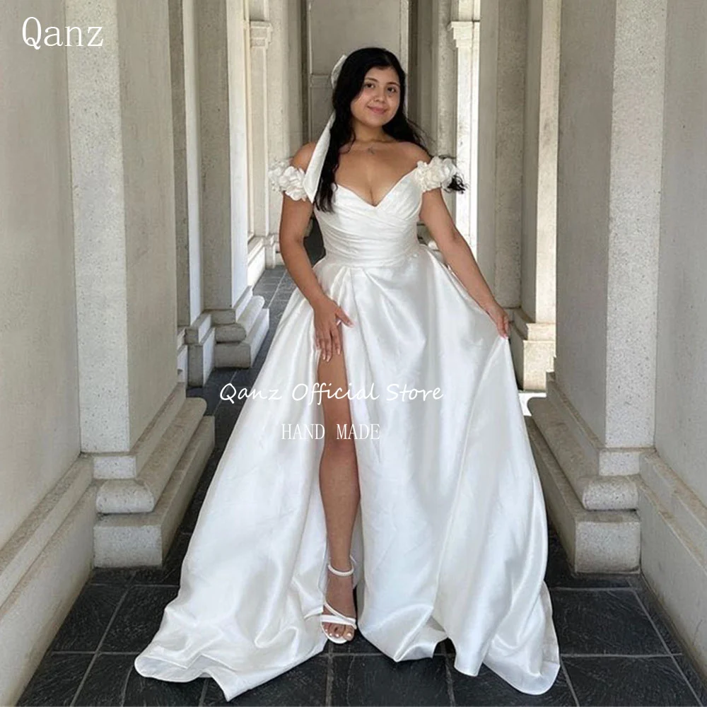 

Qanz White Satin Wedding Dress Off the Shoulder High Slit Princess Vestido De Noiva Branco Lace Up Back Long Party Dresses 2024