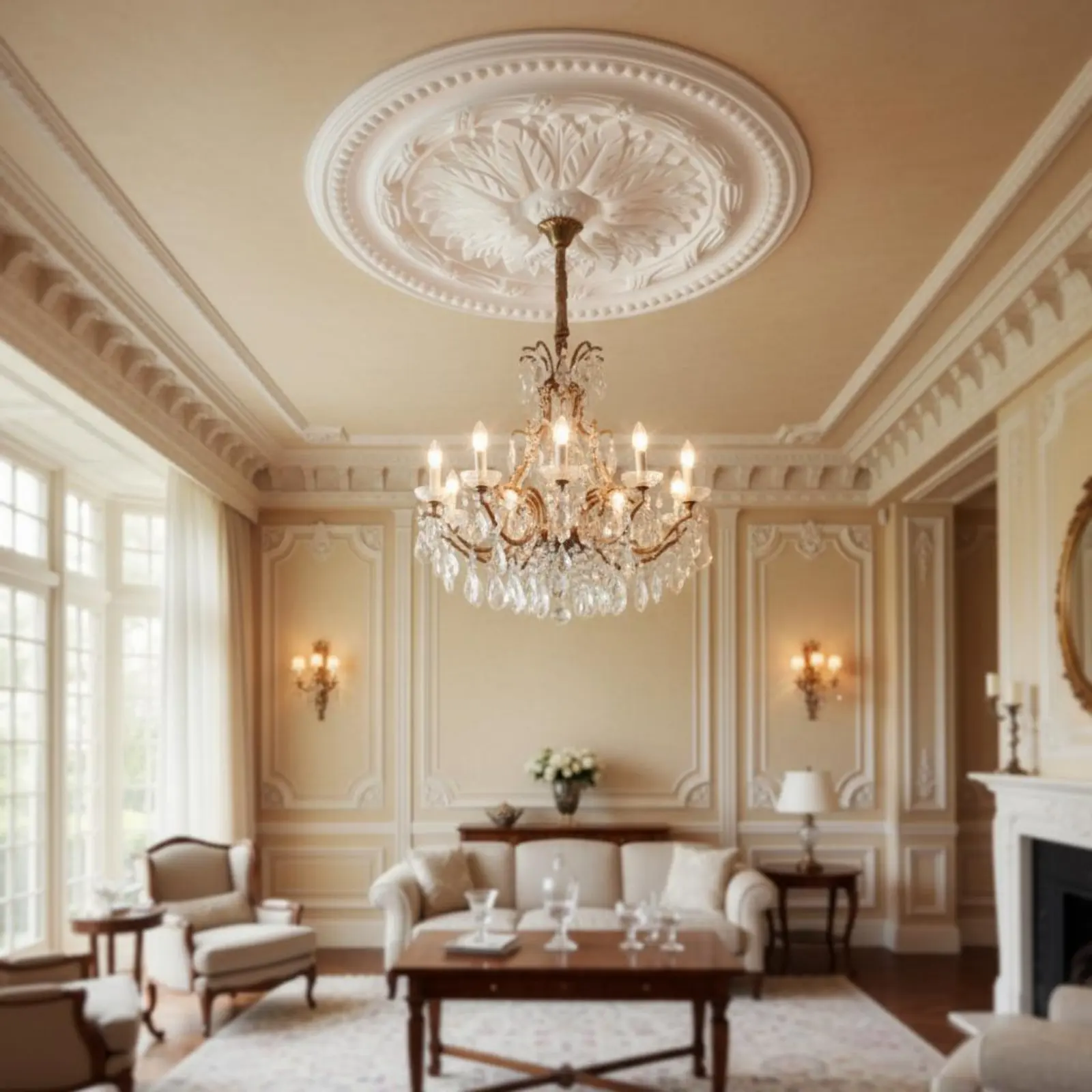 Round Ceiling Medallion European Design Decorative Lamp Base Disc Ornate Ceiling Rosette Lightweight PU Material Home Decor