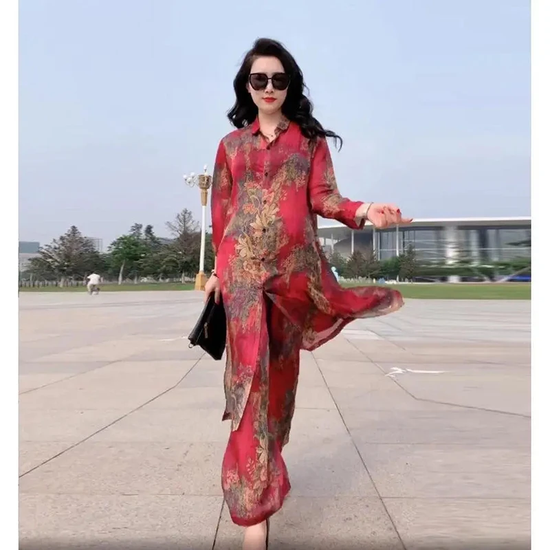 Women's Silk Wide Leg Pants Sets, Elegant Print, Mulberry Silk, Fashion, 2-Piece Tops, Wide Leg Pants, Spring, Summer, New, 2023