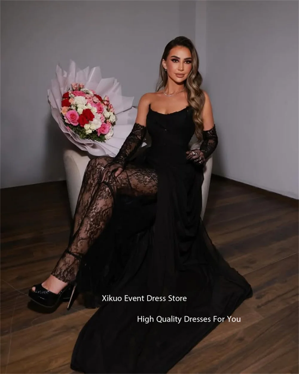 Xikuo Black Illusion Lace Evening Dress Delicate Appliques Vestidos De Noche Glamorous Mermaid Celebrity Party Dress Customized