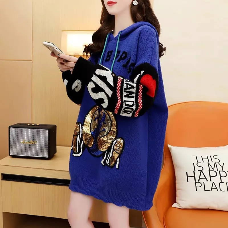 Hsa 2023 Autumn Winter Women O-neck Cartoon Bear Sweater Patchwork Harajuku Korean Style Oversized Cute Long Sleeve Pullover