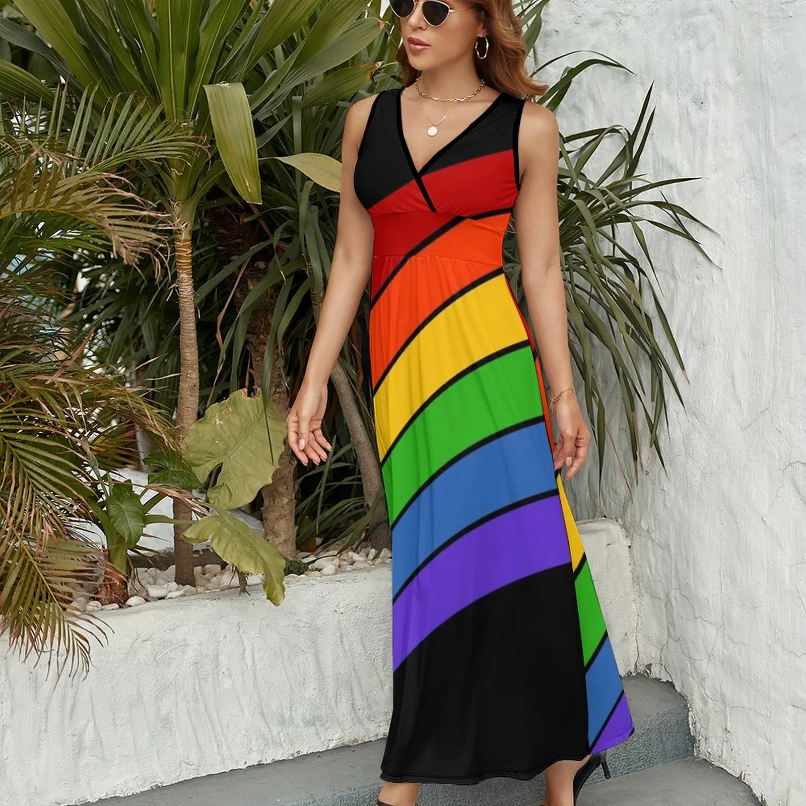 Diagonal Rainbow Stripe Sleeveless Dress chic and elegant woman dress womens clothing