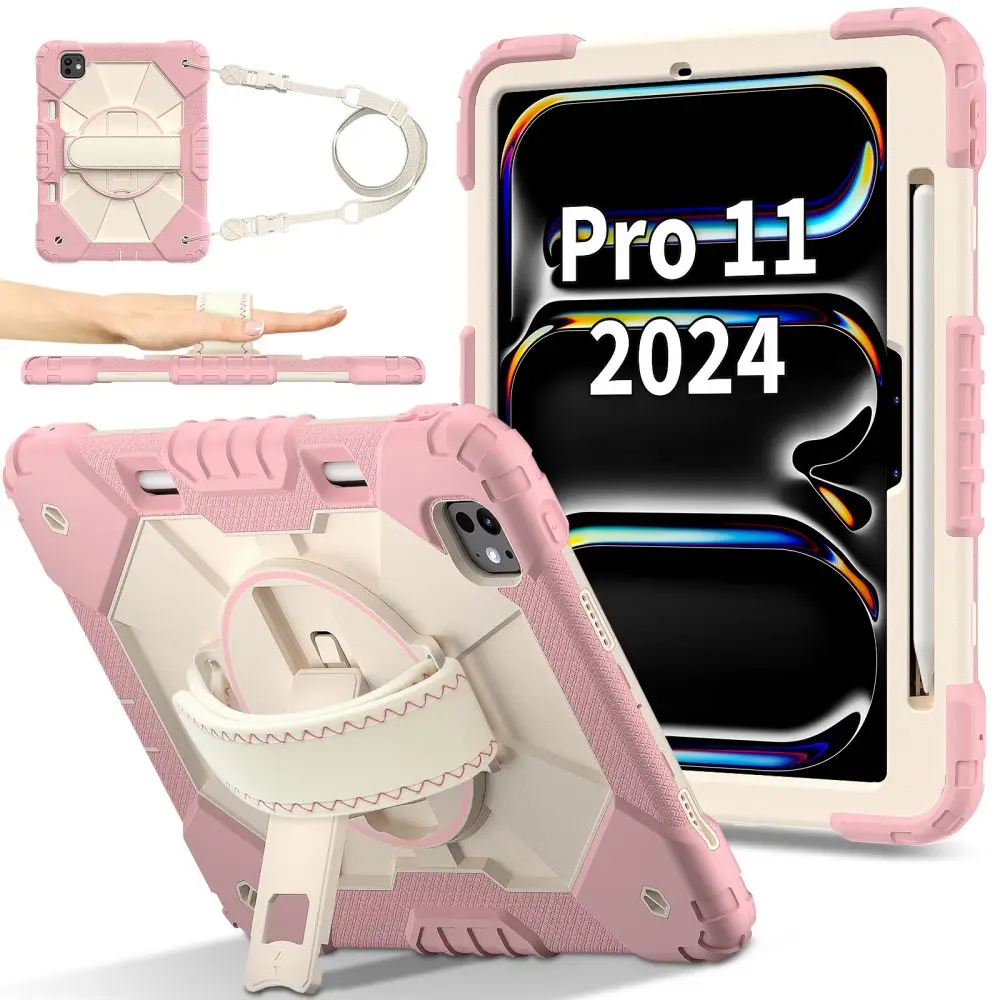 

Heavy Duty Silicone PC Armor Case For iPad Pro (M4) 11inch 2024 Tablet Stand Drop Shock Proof 360 Rotating Hand & Shoulder Strap