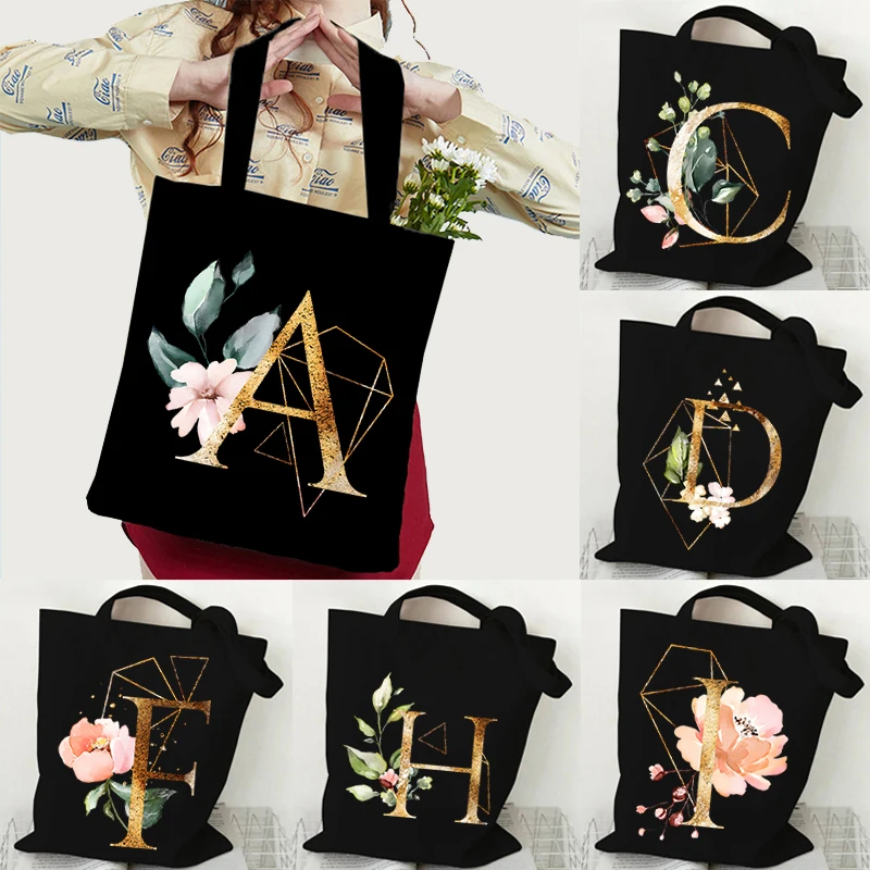 

Golden Plant Print Canvas Bag Women's Shoulder Bag Fashion Floral Letter Shopping Shopper Ladies Hand Bags Alphabet Tote Bag