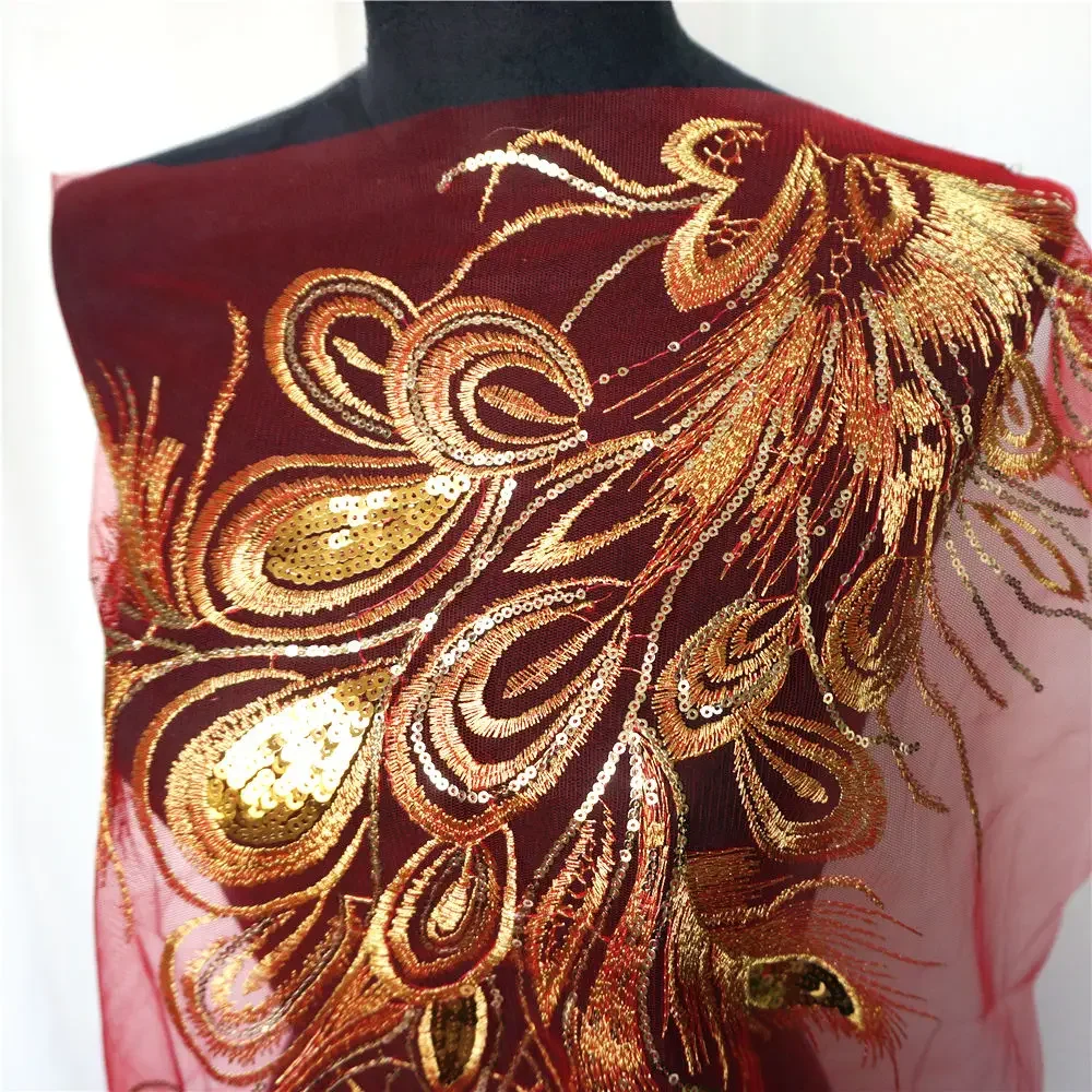 Gold Sequin Peacock Phoenix Feather Lace Fabric Red Mesh Embroidered Gown Appliques Sew Patch For Wedding Decoration Dress DIY