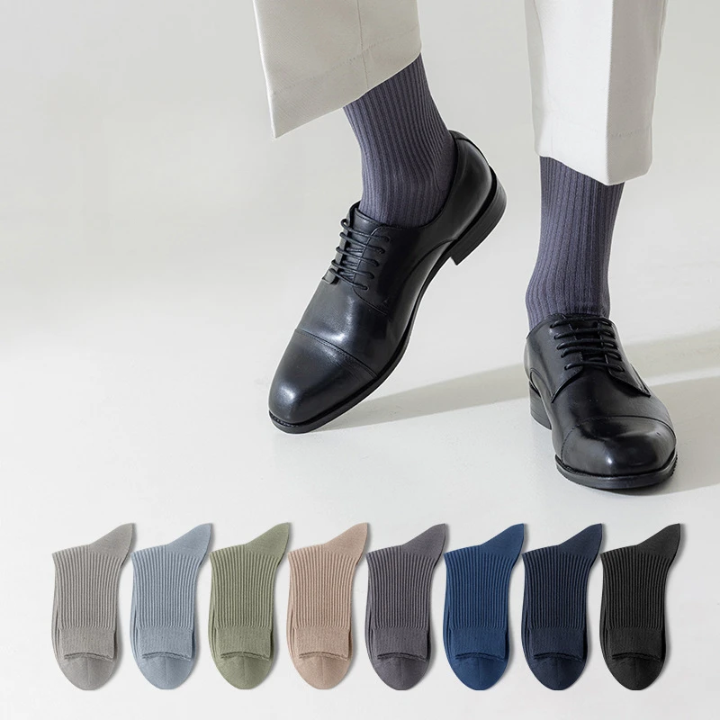 New Mens Autumn Winter Solid Color Cotton Socks High Elastic Anti-pilling Mid-calf Business Socks Knitted Double-side Suit Socks