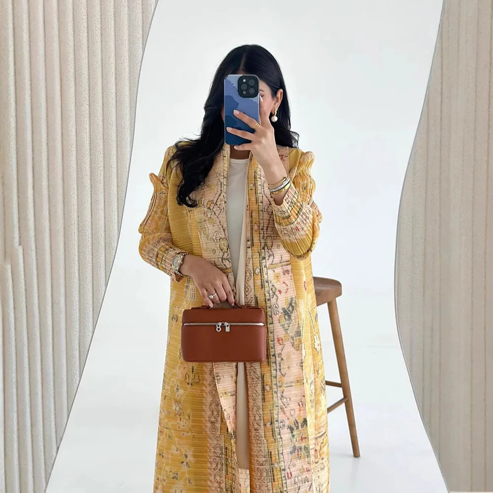 2025 Abaya casual musulmano a maniche lunghe per le donne Miyake cardigan stampato a pieghe cappotto allentato vintage abito Ramadan arabo abito da festa