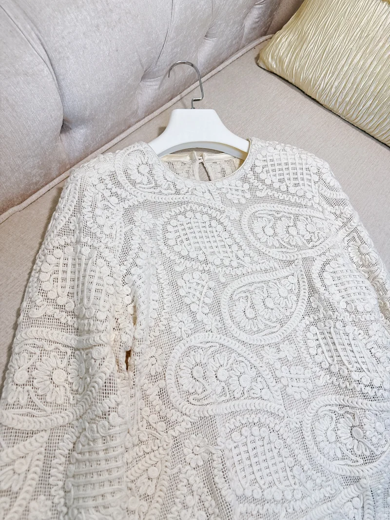 

Ele Cotton Knitted Hollow out Hook Flower Top for Women Romantic Soft Sle Embroidery Loose Fit Long Sve round Ne