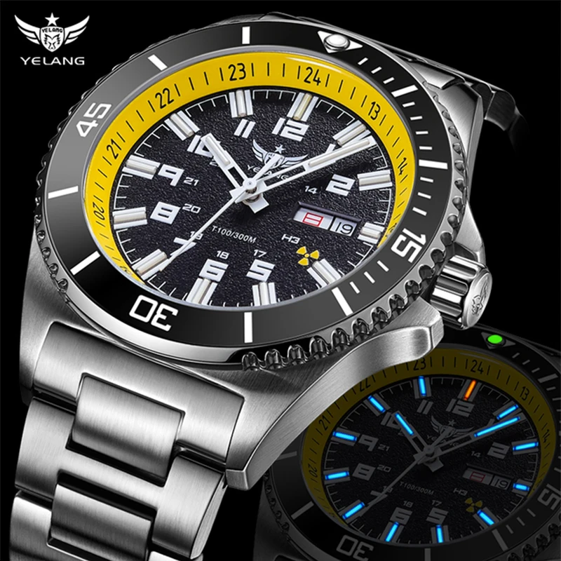 

YELANG 2024 H3 Self Luminous Automatic Mechanical Rotated Dial Date Day Sapphire Waterproof 300M Swim Dive Sports Watch V1031