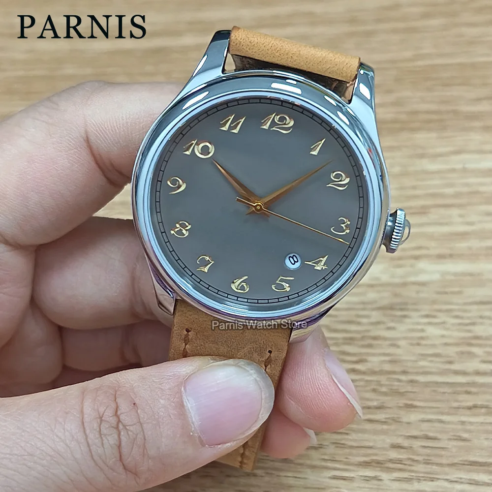 Reloj Automático para Hombre Parnis de 39 mm con Esfera Gris Dorada con Marcadores Numéricos, Cristal de Zafiro y Correa de Cuero Marrón