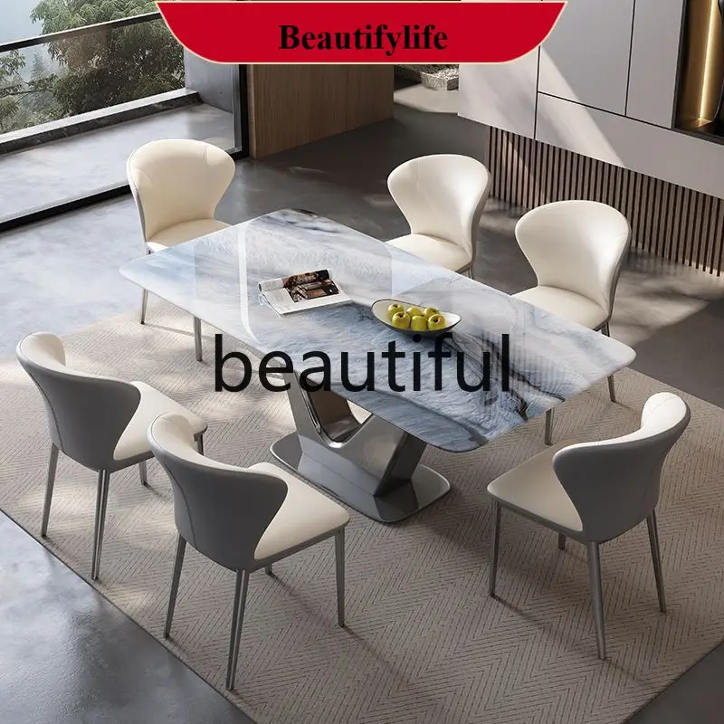 

E153 Super crystal stone dining table chairs Italian light luxury luxury stone rectangular dining table restaurant natural marb
