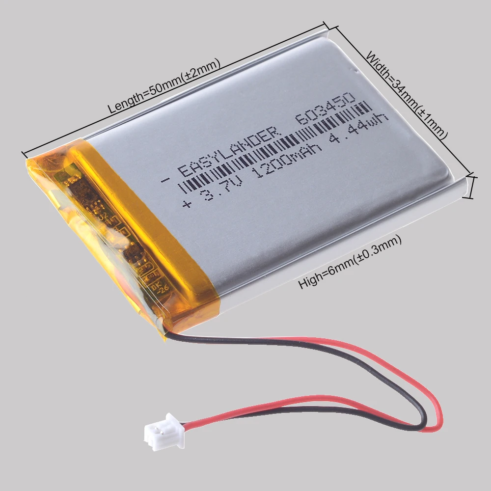 JST 1.25mm 2pin 603450  3.7V 1200mAh Li-Polymer Li-ion Battery Lipo 303450 403450 503450 703450 803450 903450 103450 123450