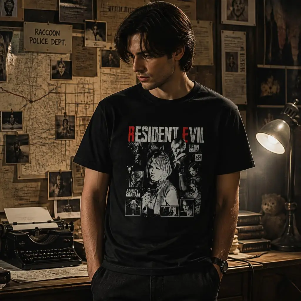 Residents Evils Leon Kenedy Vintage Men Retro T Shirt 100% Cotton Clothing Fun Short Sleeve Tee Gift T-Shirts