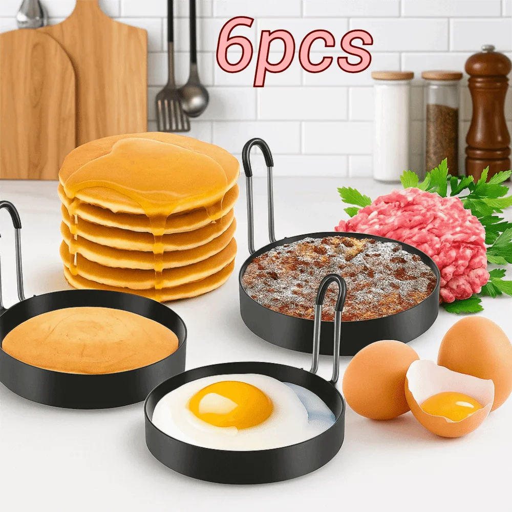 

6pcs Practical Stainless Steel Fried Egg Rings Nonstick Foldable Handle Omelette Mold Round Egg Mold Home