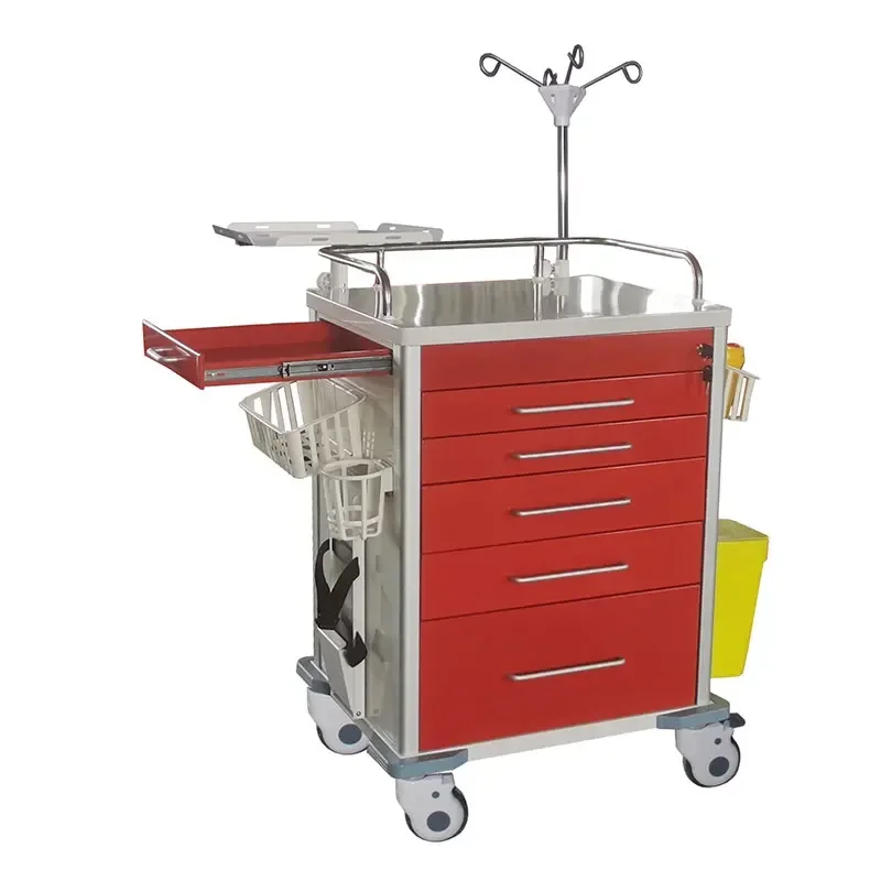 MK-C01B High Quality Medical Metal Emergency Crash Cart Critical Care Trolley With 5 Drawers