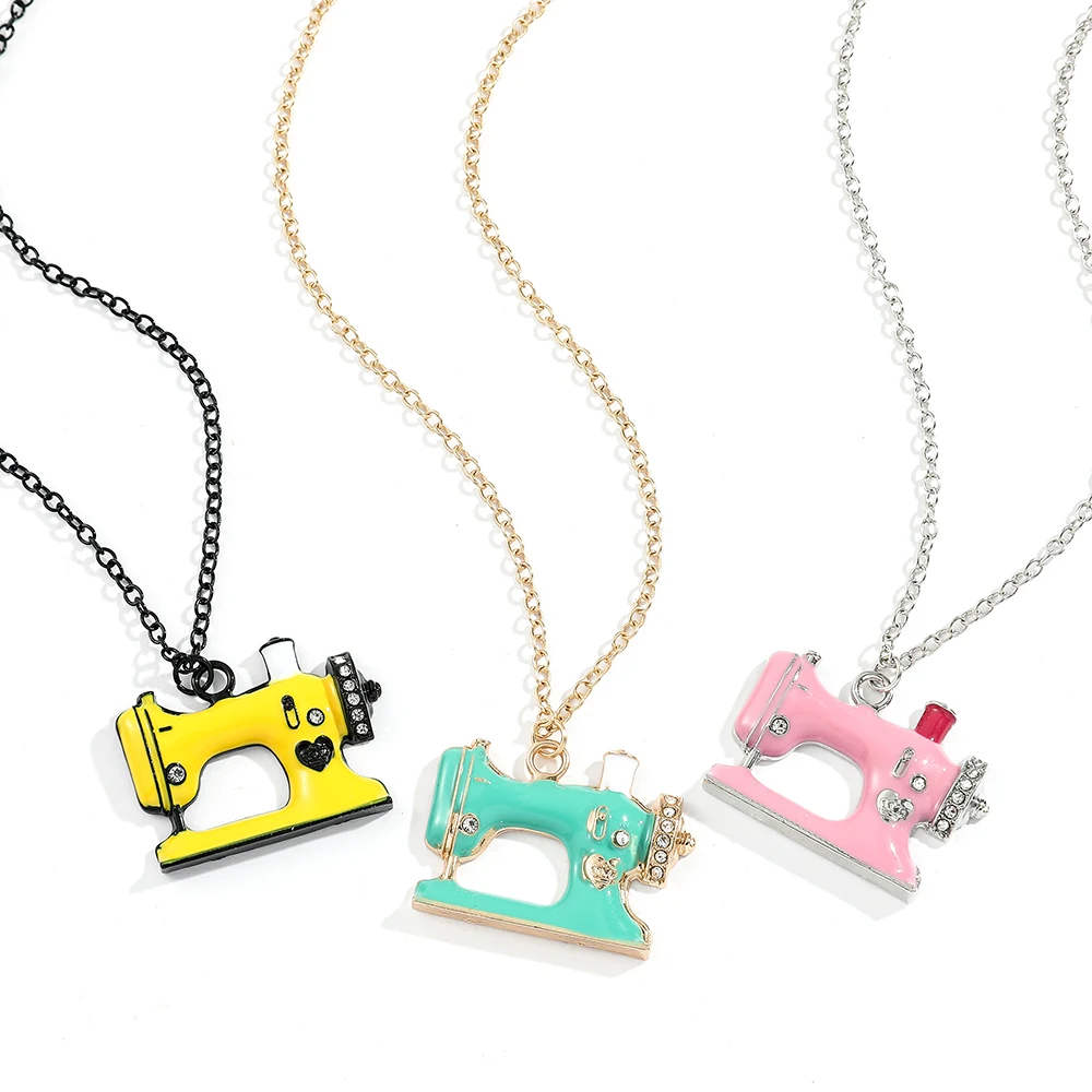Fashion Trends Statement Enamel Alloy Sewing Machine Pendant Pink Yellow Colors Enamel Necklace Accessories Gift for Woman Fans