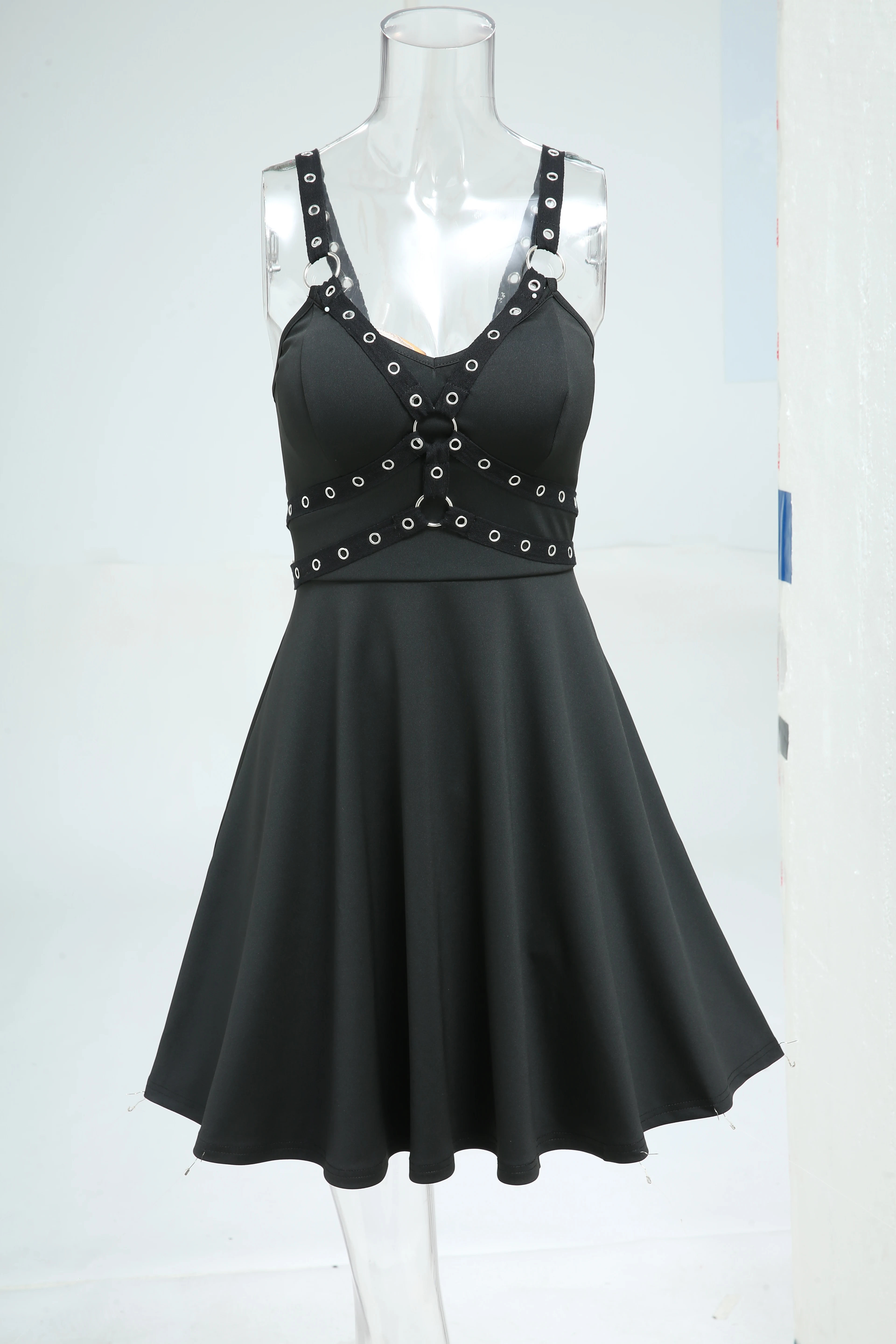 2026 New Gothic Straps Grommets O-Ring A Line Dress Vestidos Women Summer Sleeveless Black Dresses