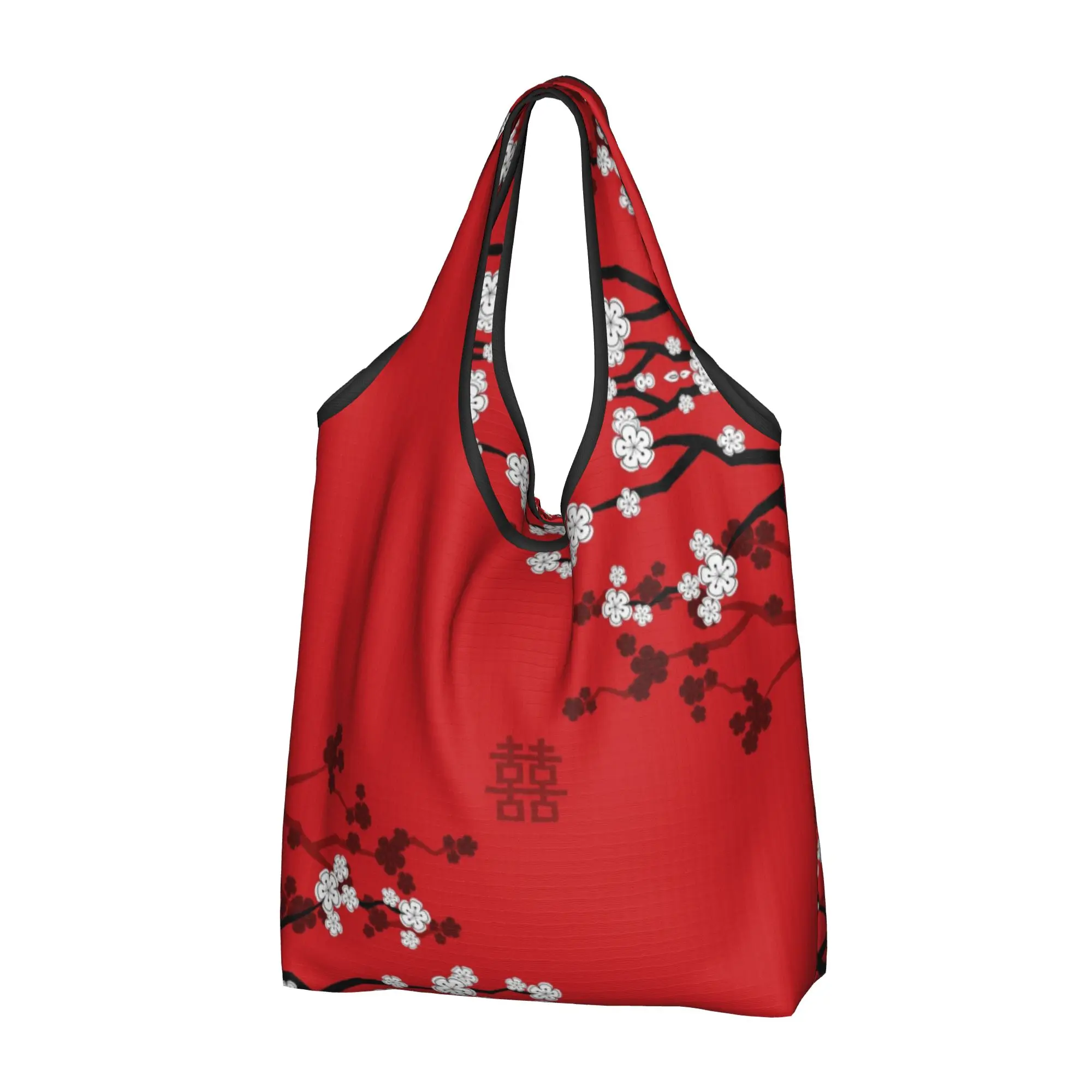 Custom Oriental Cherry Blossoms Chinese Wedding Double Happiness Shopping Bag Women  Grocery Japanese Sakura Shopper Tote Bags