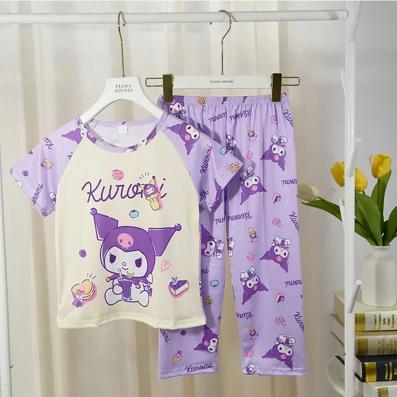 Hello Kitty & Kuromi Girls' Summer Pajama Set, Cartoon Crew Neck Short Sleeve Top and Long Pants, Casual Home Wear for Children