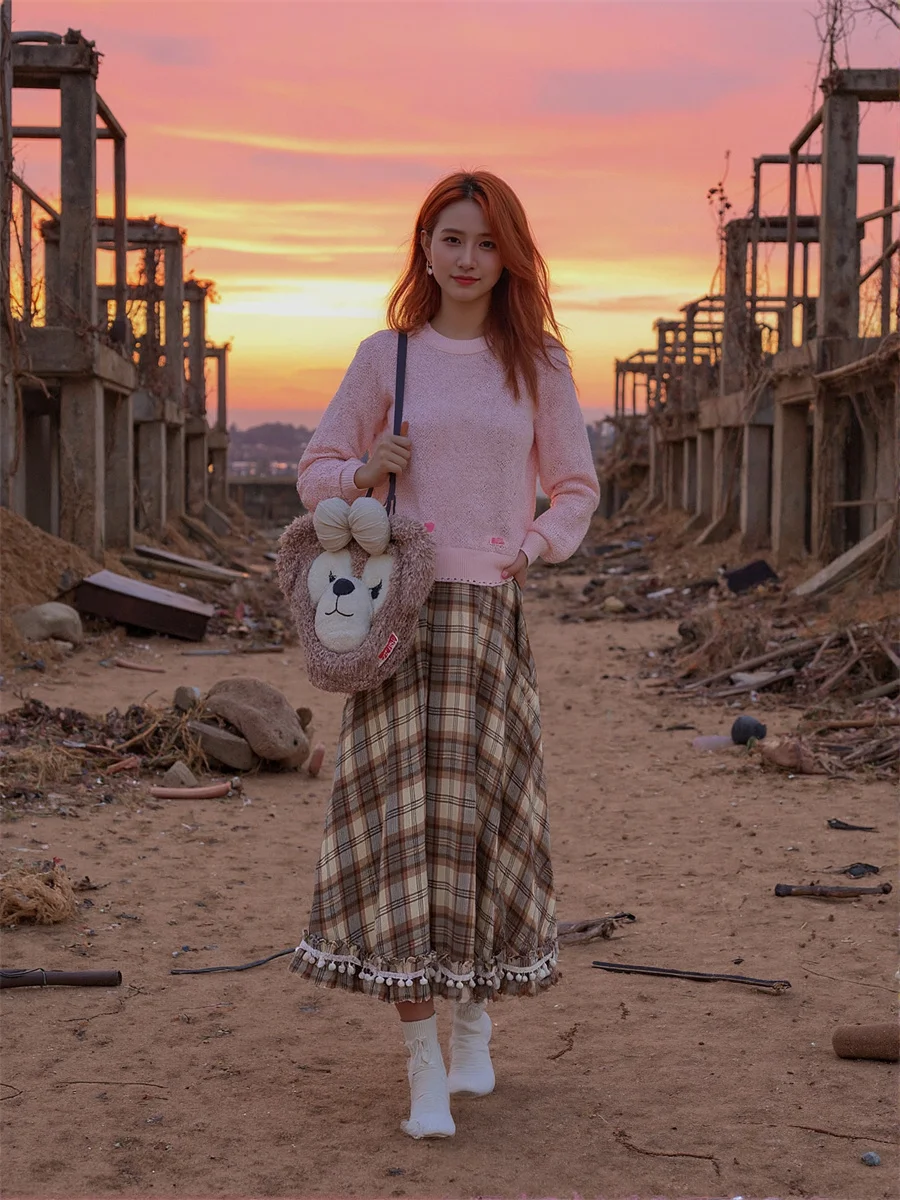 チェック柄ミディスカート レディース コットン 流れるようなパッチワーク エレガント シック フリル カジュアル シンプル ハイウエスト 快適 アップリケ