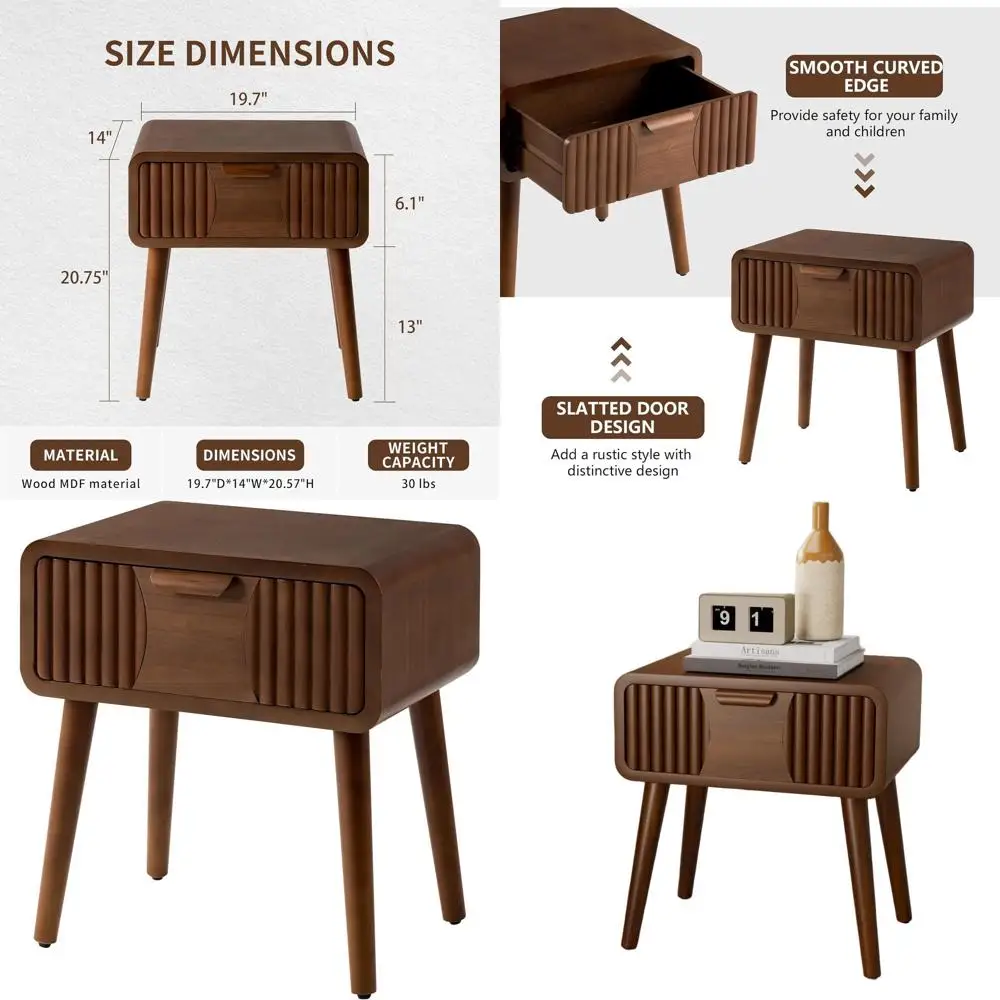 

Винтажная прикроватная тумбочка в стиле середины века с выдвижным ящиком для хранения, коричневый полосатый узор, для спальни или гостиной