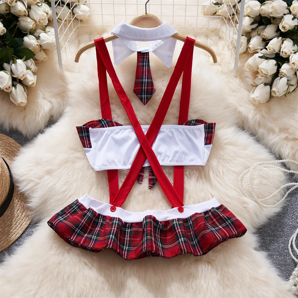 Sexy Student Cosplay Erotic Lingerie Set Hollow Cross Strap Hotsweet Top And Mini Pleat Skirt Japan Plaid Women Uniform Pajamas