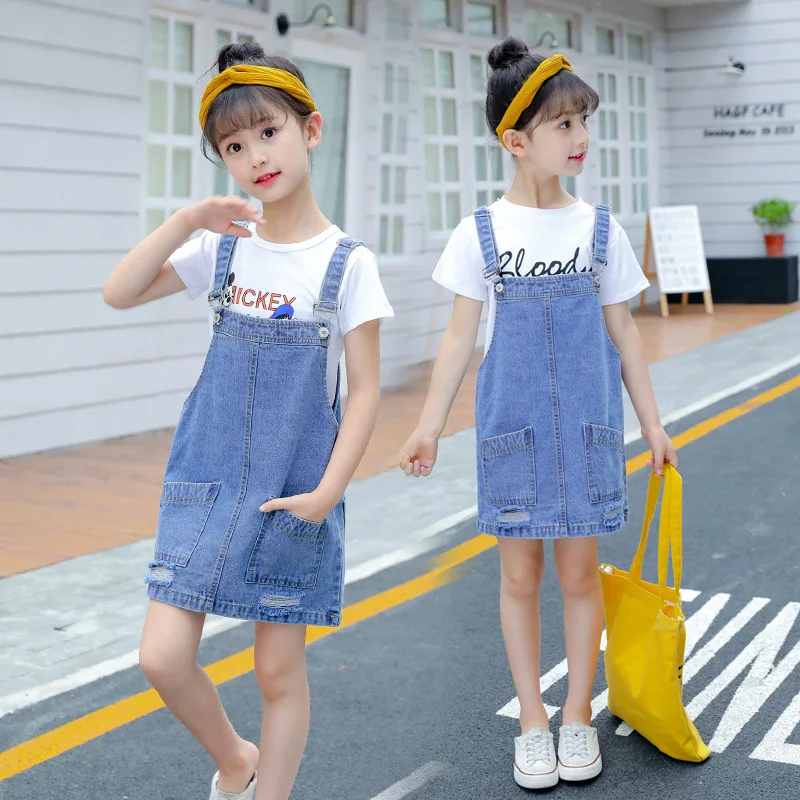 2026 New Children's Korean Edition Dress for Girls' Spring Summer Casual Solid Color Piercing Cowboy Strap Dress 2-10Y